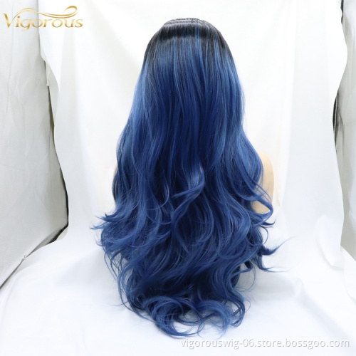 Vigorous Pre Plucked Natural Hairline Long Body Wave Ombre Blue Synthetic Lace Front Hair Wig for Women